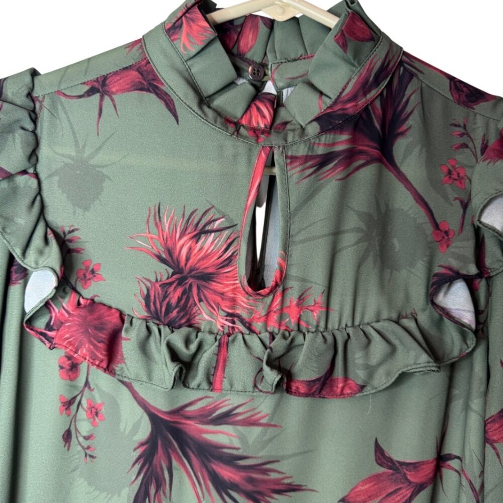 Lanca Perfume Collection green ruffled floral long sleeve mini dress size XS - Picture 3 of 8